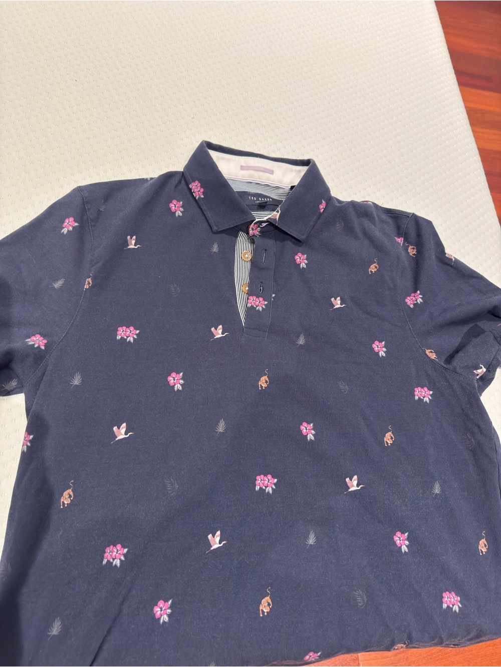 Mens TED BAKER Navy Polo Shirt with Pink Floral Print SIZE 4